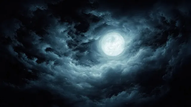 Full moon glowing behind swirling storm clouds over a dark night sky