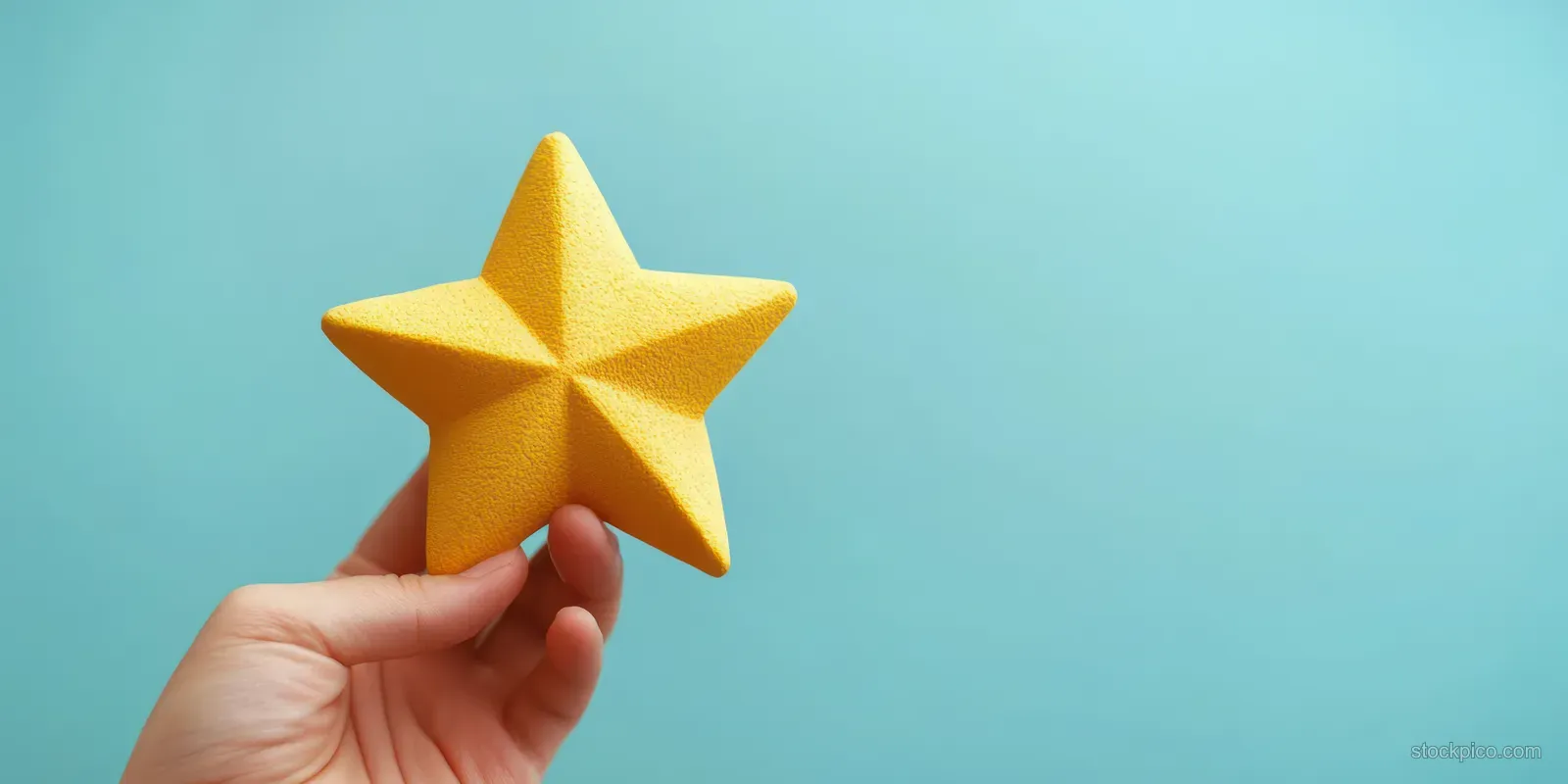 A hand holds a golden five-star award against a teal background.