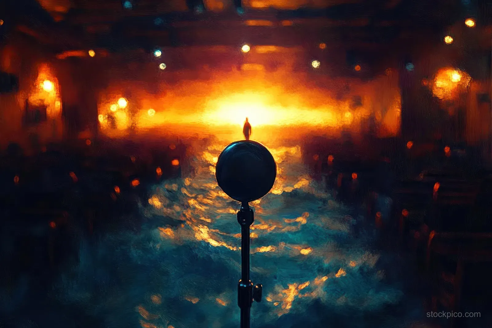 A vintage microphone on a stand is centered in a smoky concert hall under warm orange lights with a dark figure in back.