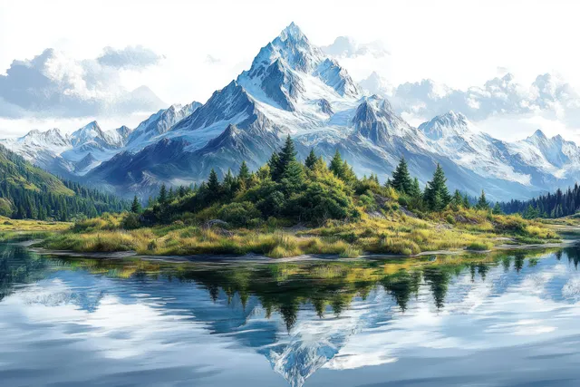 Snowy mountain peak reflected in still lake, pine forest lining the shoreline