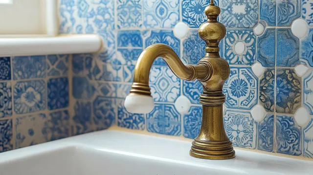 Antique brass faucet mounted on a white sink with blue patterned tile backsplash behind it.