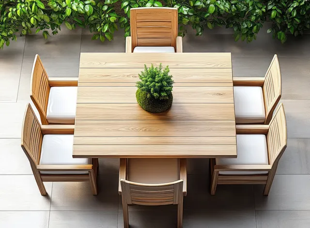 Minimalist wooden dining table with six chairs and a small green plant