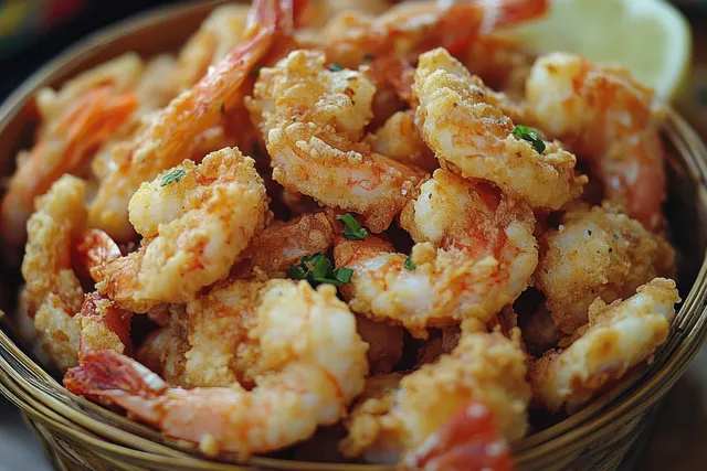 Close-up of crispy fried shrimp in rustic basket with natural window light