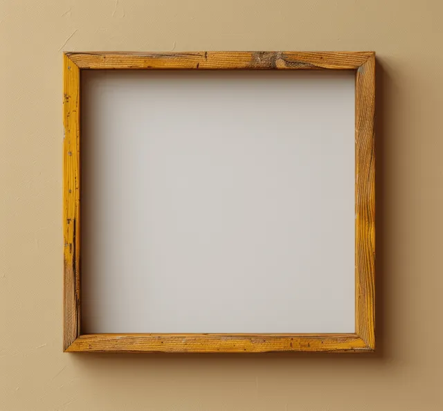 Square wooden picture frame with an empty white insert mounted on a beige wall with soft shadows.