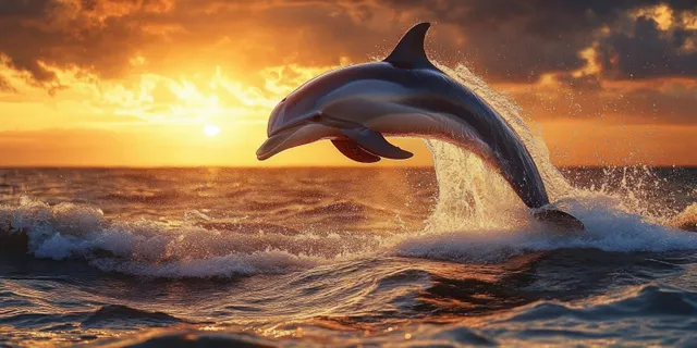 A dolphin leaps over ocean waves during a golden sunset with glowing sky and water spray.