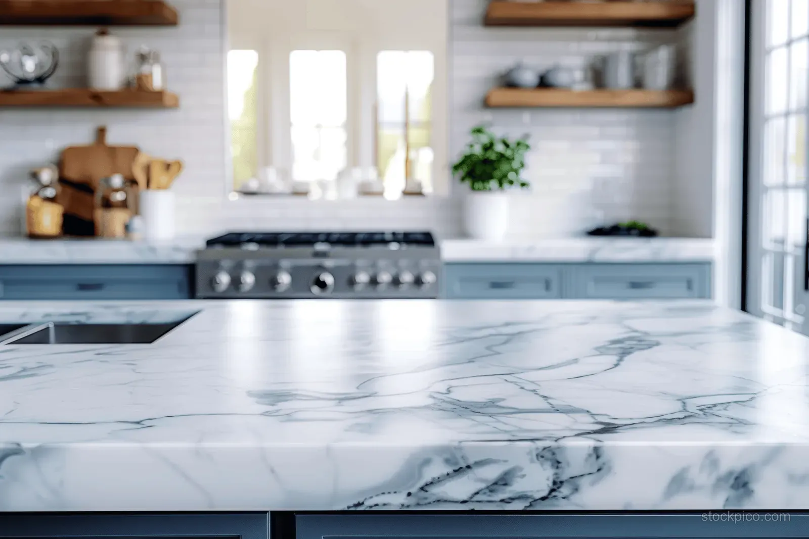 Marble kitchen countertop with a centered stove and wooden open shelves in bright daylight.