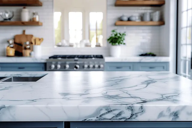 Marble kitchen countertop with a centered stove and wooden open shelves in bright daylight.