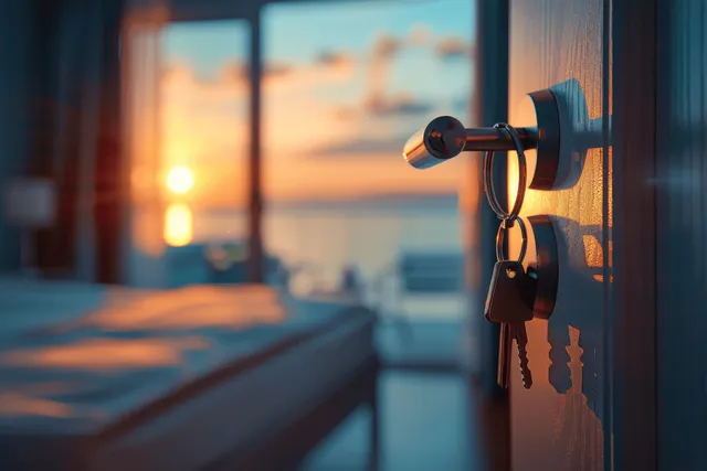 Keys hang from a hotel door lock as sunset ocean light fills the room through a window.