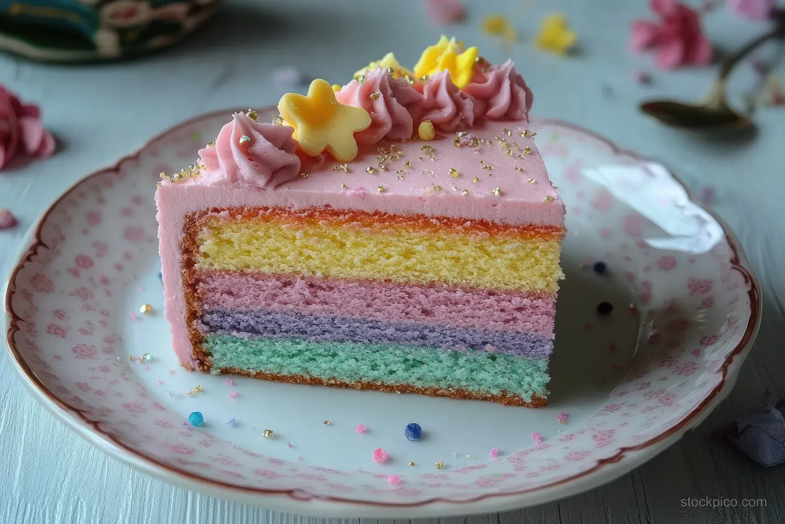 A pastel rainbow cake slice with pink frosting and small yellow flower decorations on a floral plate.