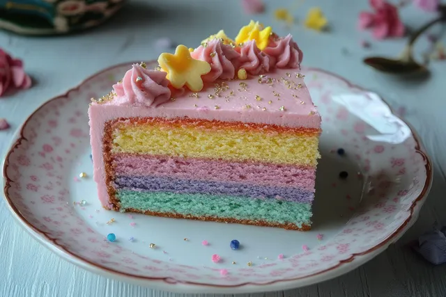 A pastel rainbow cake slice with pink frosting and small yellow flower decorations on a floral plate.