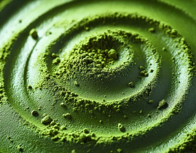Close-up vibrant green powder spiral, granular texture with concentric ring detail