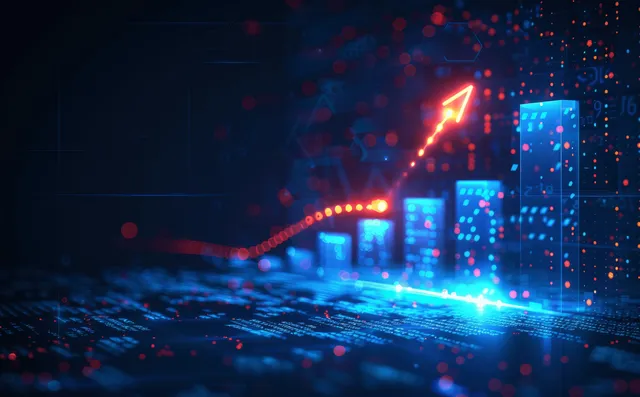 Glowing upward arrow over digital stock charts in a neon technology finance scene