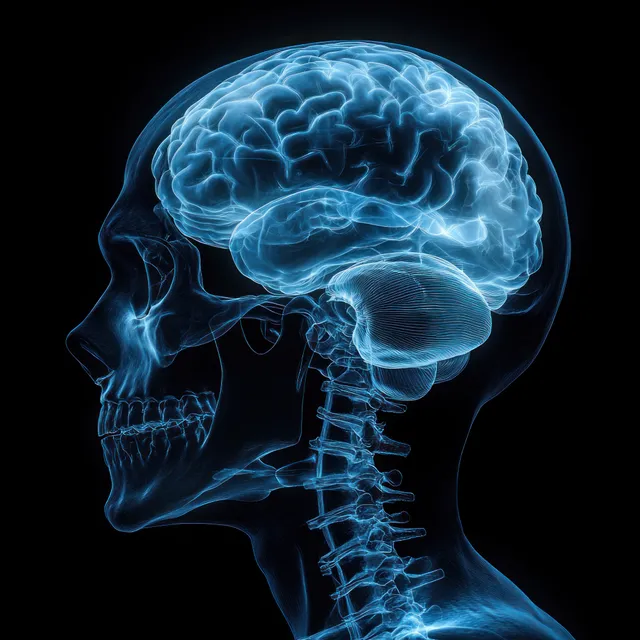 Side-profile anatomical skull and glowing brain illustration with neural scan details