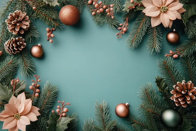 Pine branches, pinecones, baubles, and pale poinsettias form a decorative Christmas frame on a teal background.