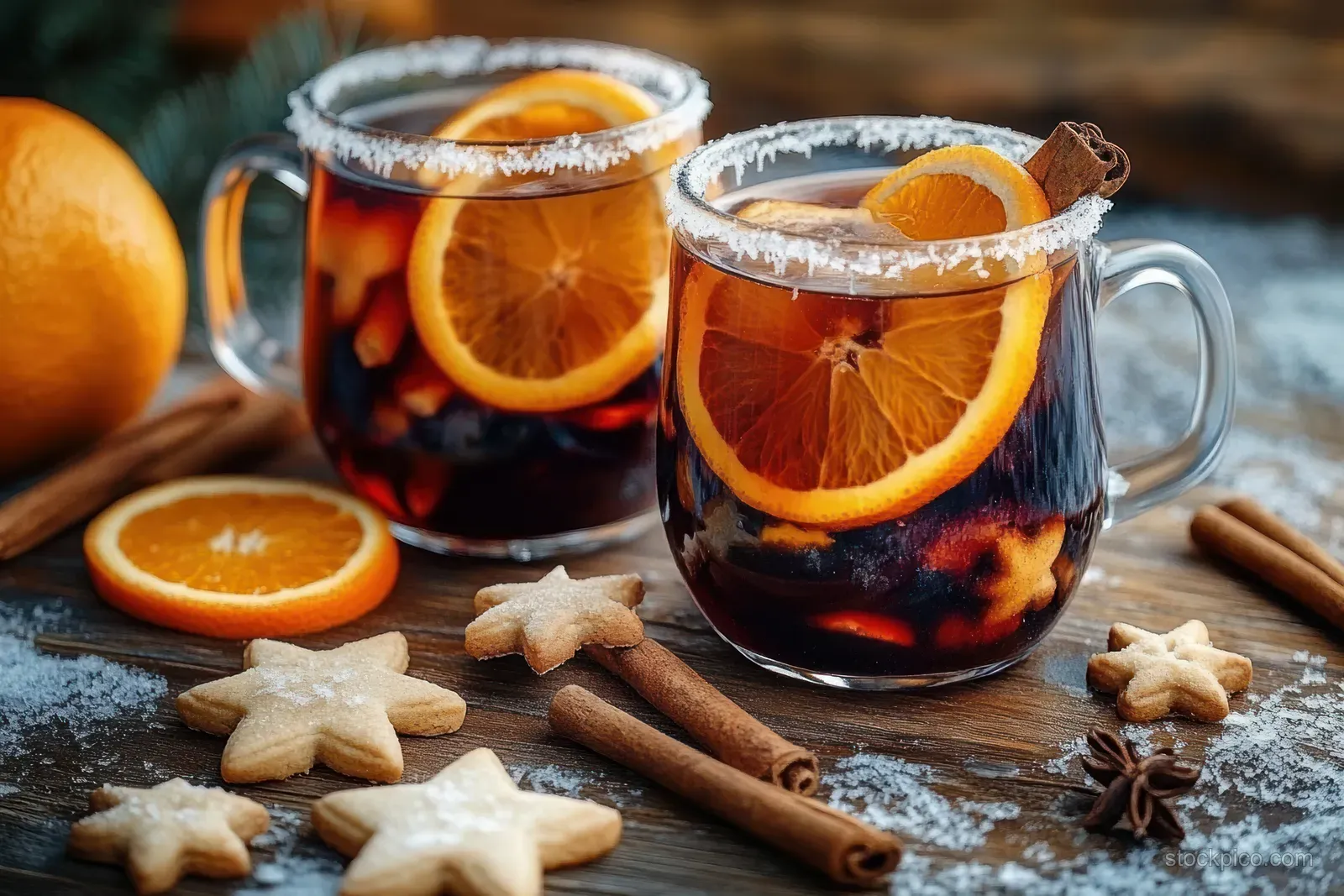 Two glass mugs of mulled wine with orange slices, cinnamon sticks, and star cookies on a wooden table.