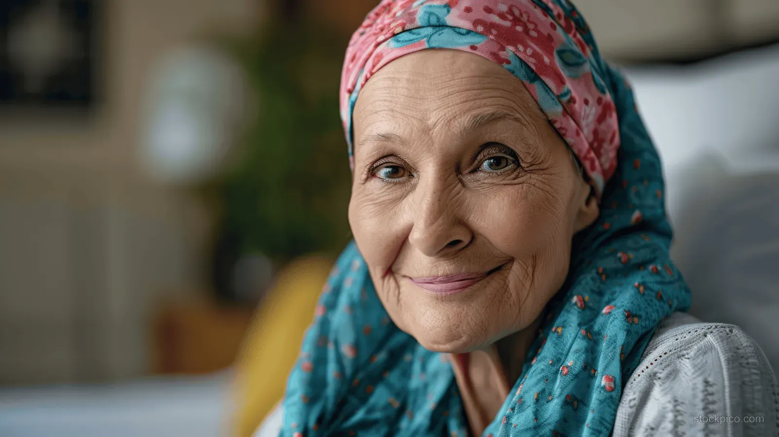 Smiling elderly woman wearing a colorful headscarf seated in a hospital room during cancer recovery.
