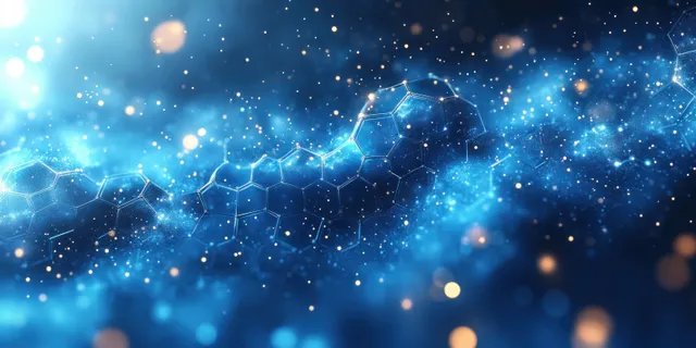 Glowing hexagon molecule network with connected dots and data lines across a deep blue space-like background.