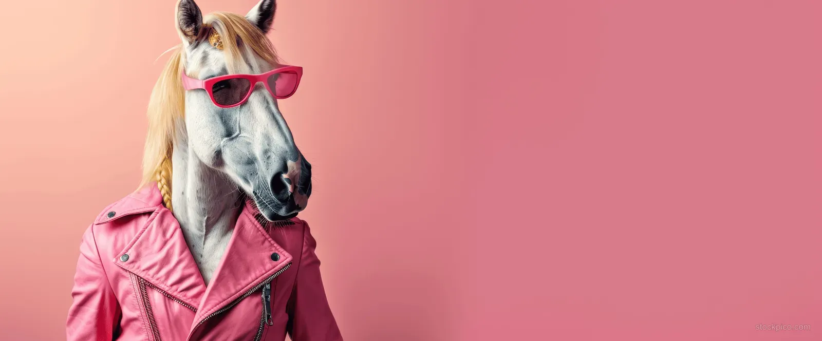 Anthropomorphic horse in a pink leather jacket and red sunglasses posing against a pastel pink background with copy space.
