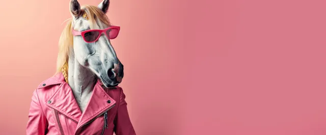 Anthropomorphic horse in a pink leather jacket and red sunglasses posing against a pastel pink background with copy space.