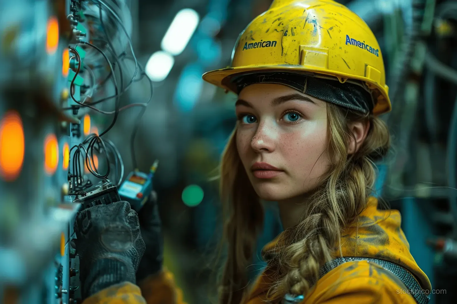A female electrician checks an electrical panel with a multimeter while wearing a hard hat in an industrial workshop.