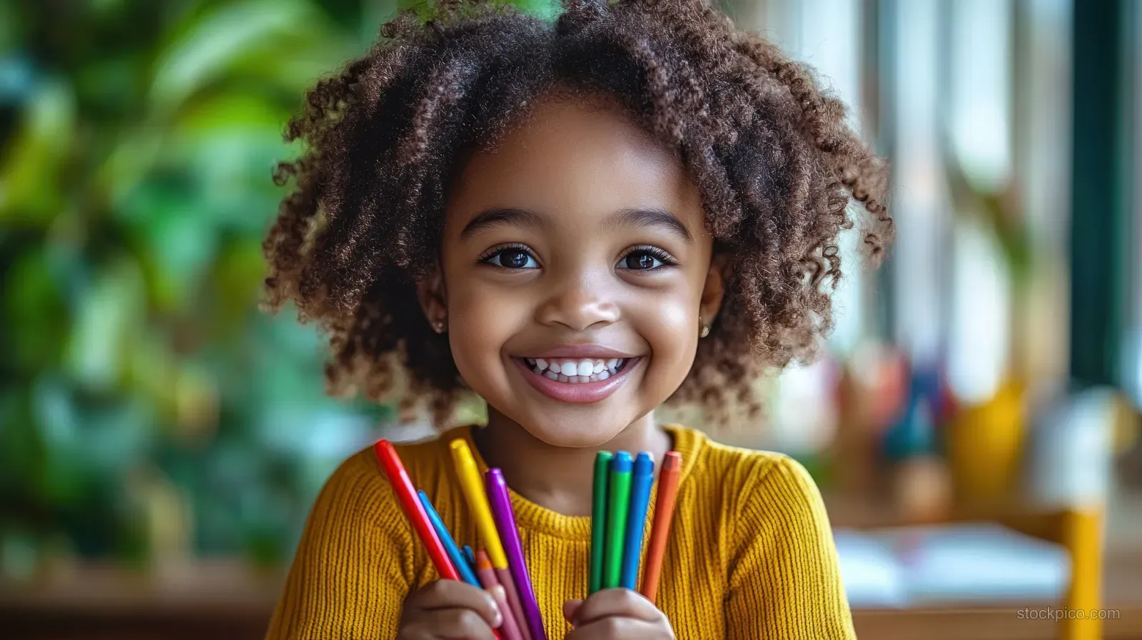 A young girl with curly hair smiles while holding colorful markers indoors with blurred green plants in the background.