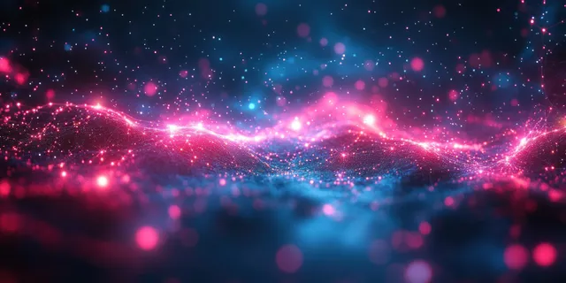 Neon pink and cyan nebula with glowing particles and light trails over a deep blue background.
