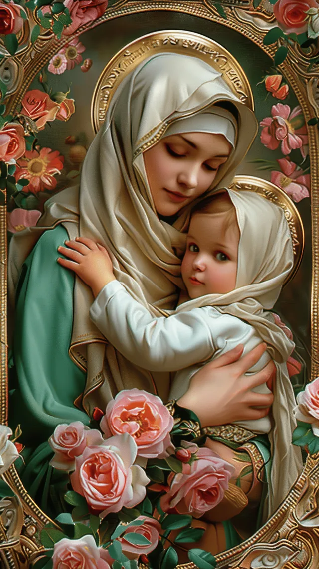 Mary holding baby Jesus with roses and ornate gold halo in Baroque religious artwork