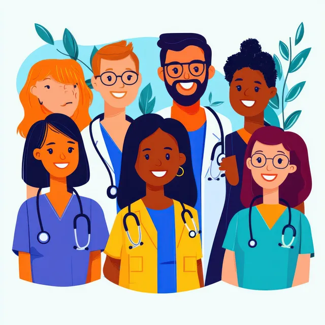 Diverse medical team wearing stethoscopes and colorful uniforms poses together in a friendly group portrait.