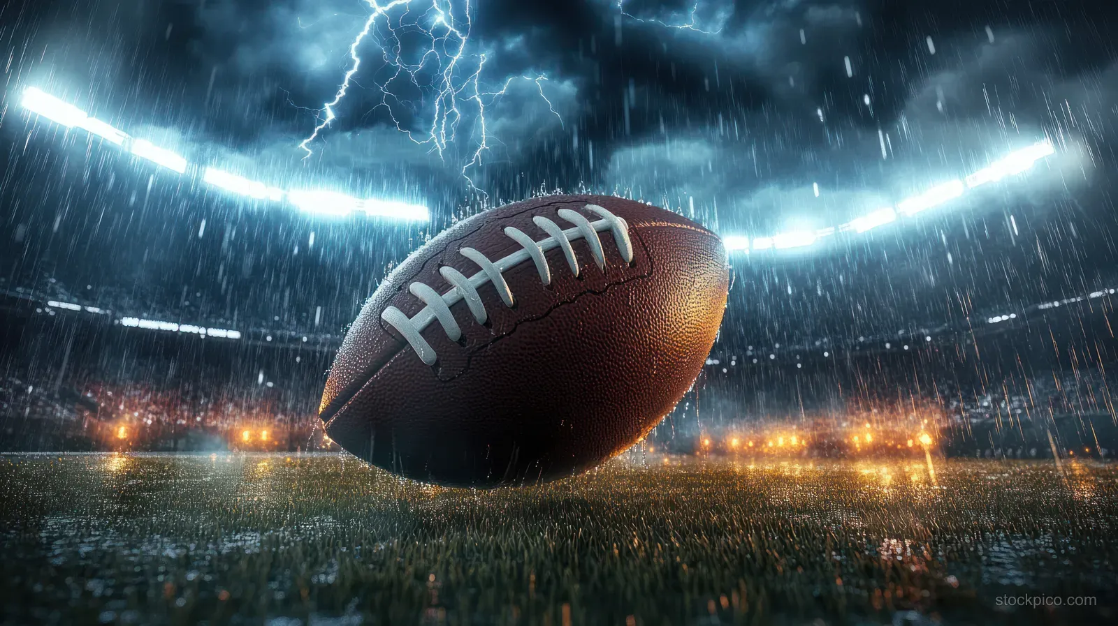 Wet football on rain-soaked turf under stadium lights with lightning flashing in the stormy sky.