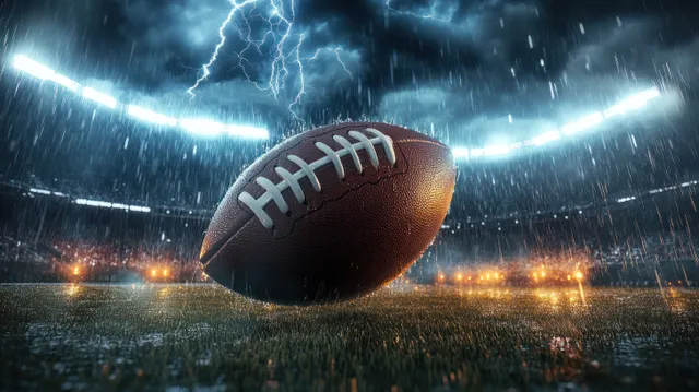 Wet American football suspended above rain-soaked turf under stadium lights and lightning with Weather And Storms
