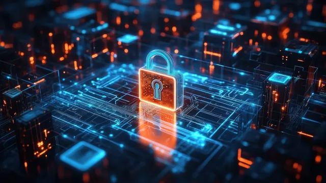Locked network grid with glowing padlock over endpoint security and data integrity