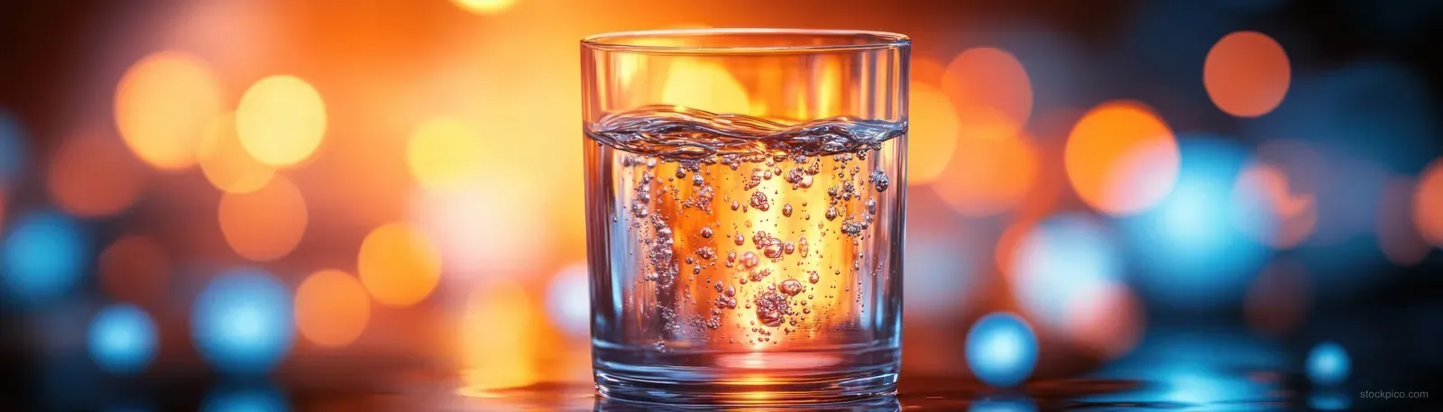 Transparent glass of sparkling water with rising bubbles against a blurred orange and blue bokeh background.
