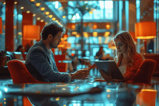 An executive and receptionist sit in a hotel lobby, looking at a shared tablet while smiling.