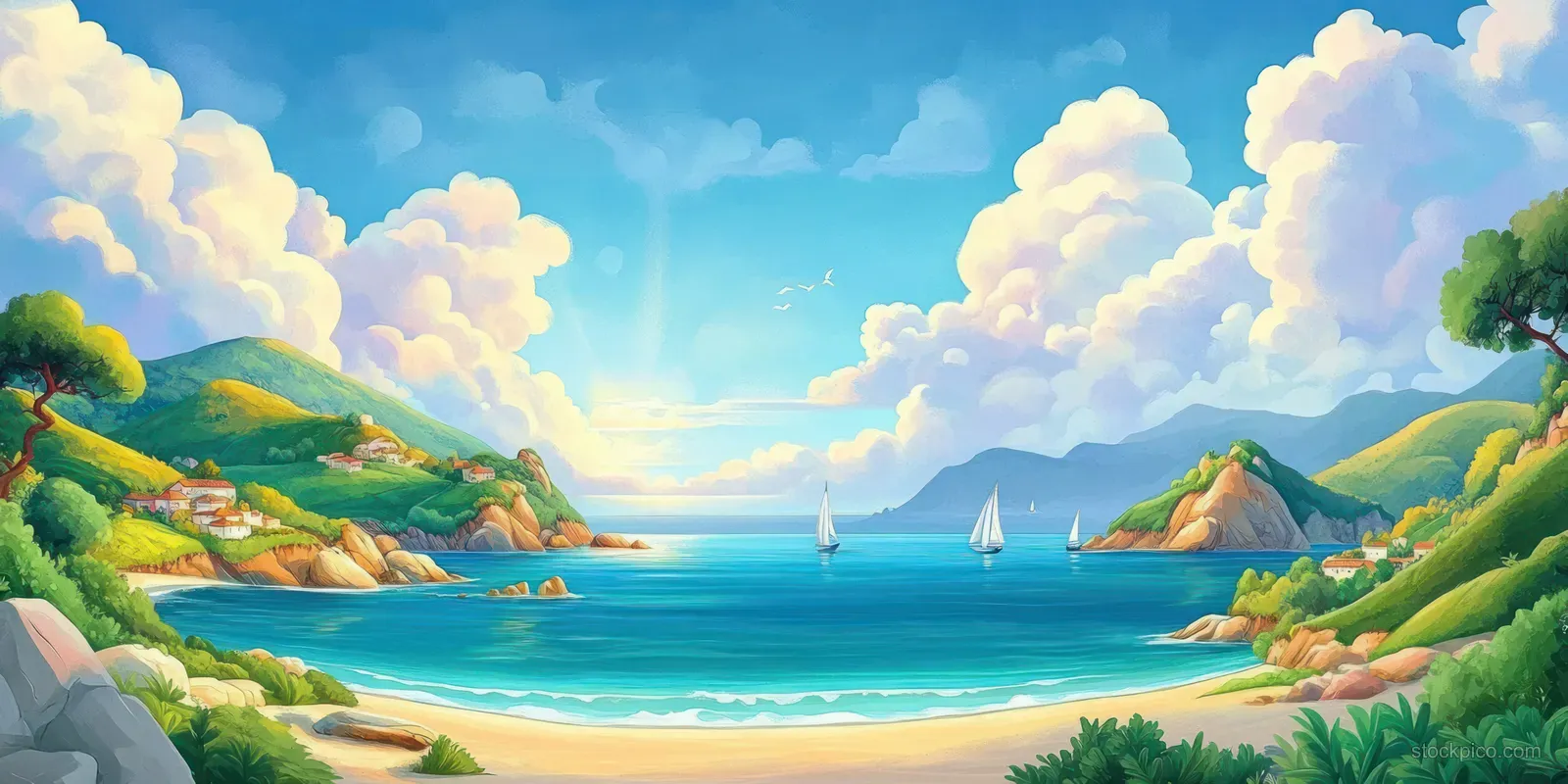 Cartoon sailboats drift on a sunlit ocean while green hills and sandy beach curve beneath fluffy clouds.