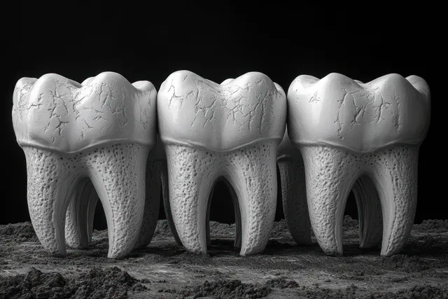 Three plaster molar replicas in a row on textured ground with sharp shadows against a black background.