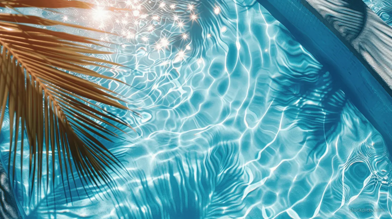 Overhead view of clear blue pool water with palm leaf shadow and sparkling sunlit ripples.