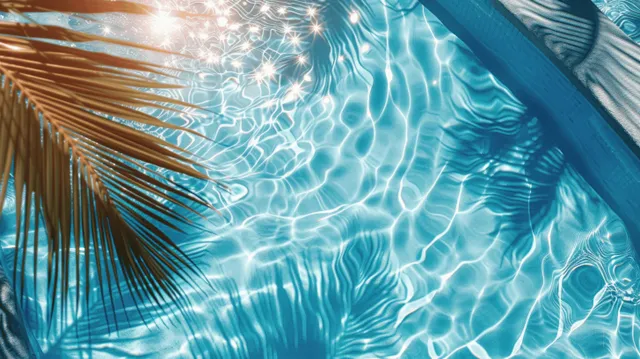 Top view of clear blue pool water with palm leaf shadow and sunlit ripples