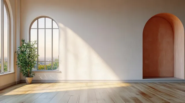 Minimalist interior with a peach arched doorway, arched window, potted plant, and sunlit wooden floor shadows.
