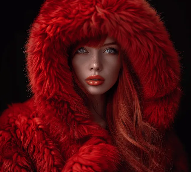 Woman with blue eyes and red hair wearing a red fur hooded coat in front of a dark background.