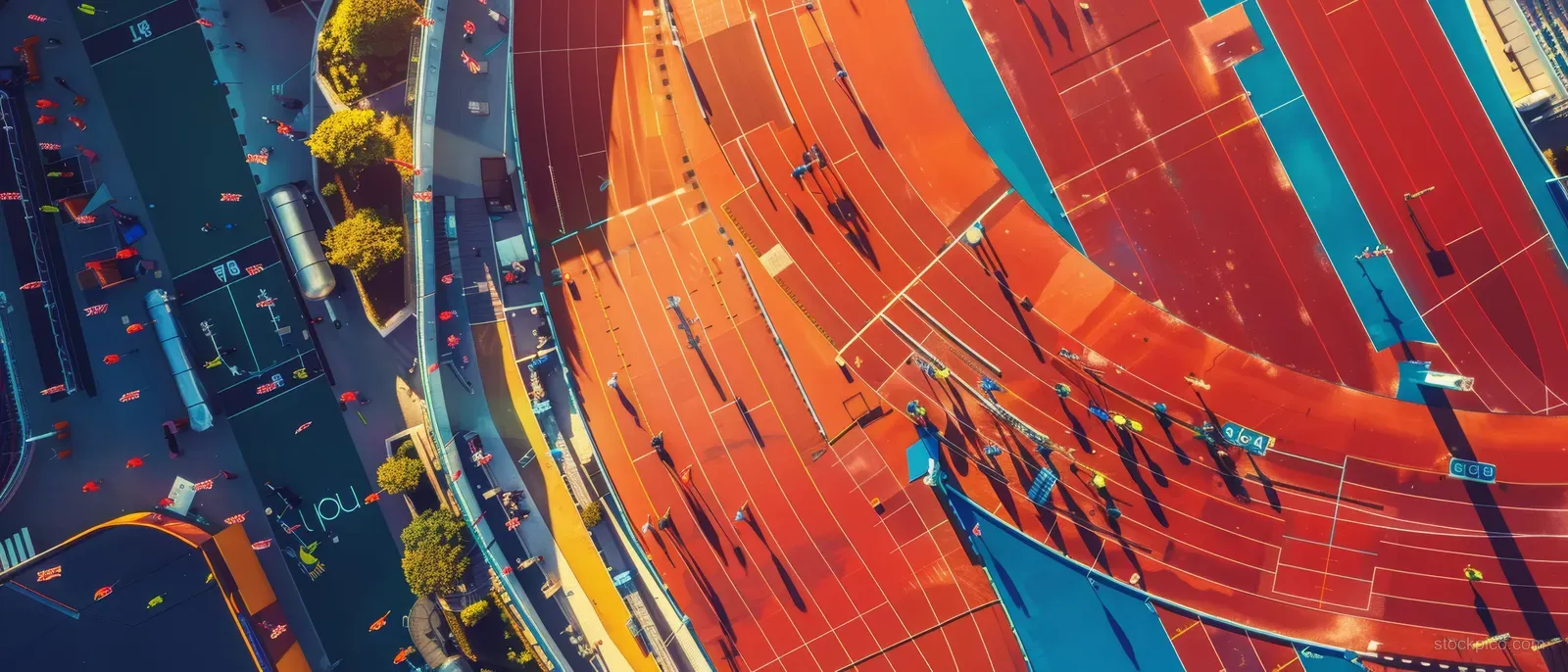 A triple jump athlete is midair on the stadium track as the crowd and colored seats fill the background.