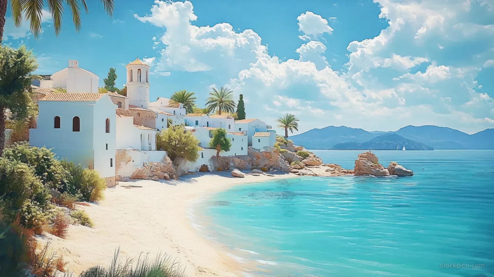 White houses and palm trees line a sandy beach beside calm turquoise water beneath a blue sky with scattered clouds.