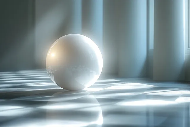 Glowing white light orb casting spotlight beams across tiled floor in dark corridor
