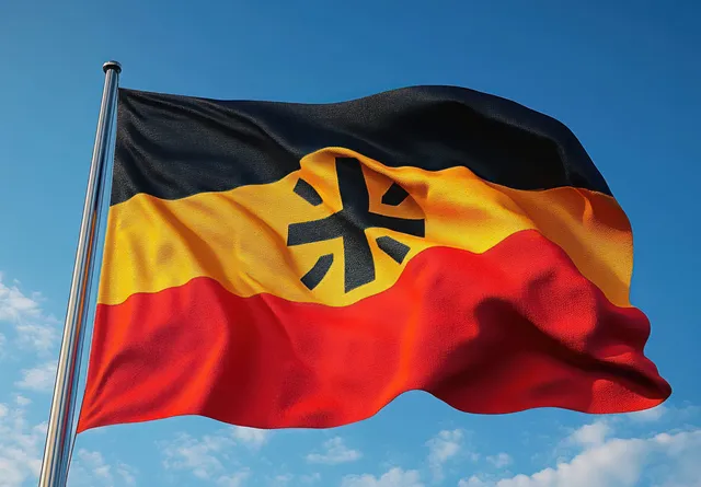 Belgian tricolor flag waving on a metal pole under clear blue sky