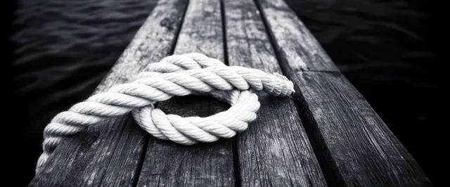 Coiled white rope knotted to weathered wooden dock cleat over dark water