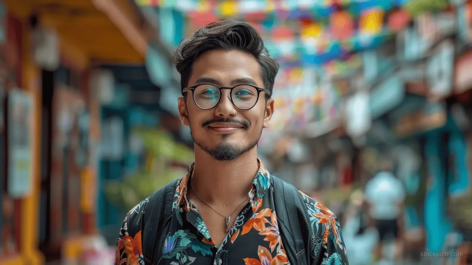 A smiling young man with glasses and a floral shirt walks in a colorful Kathmandu alley behind him.