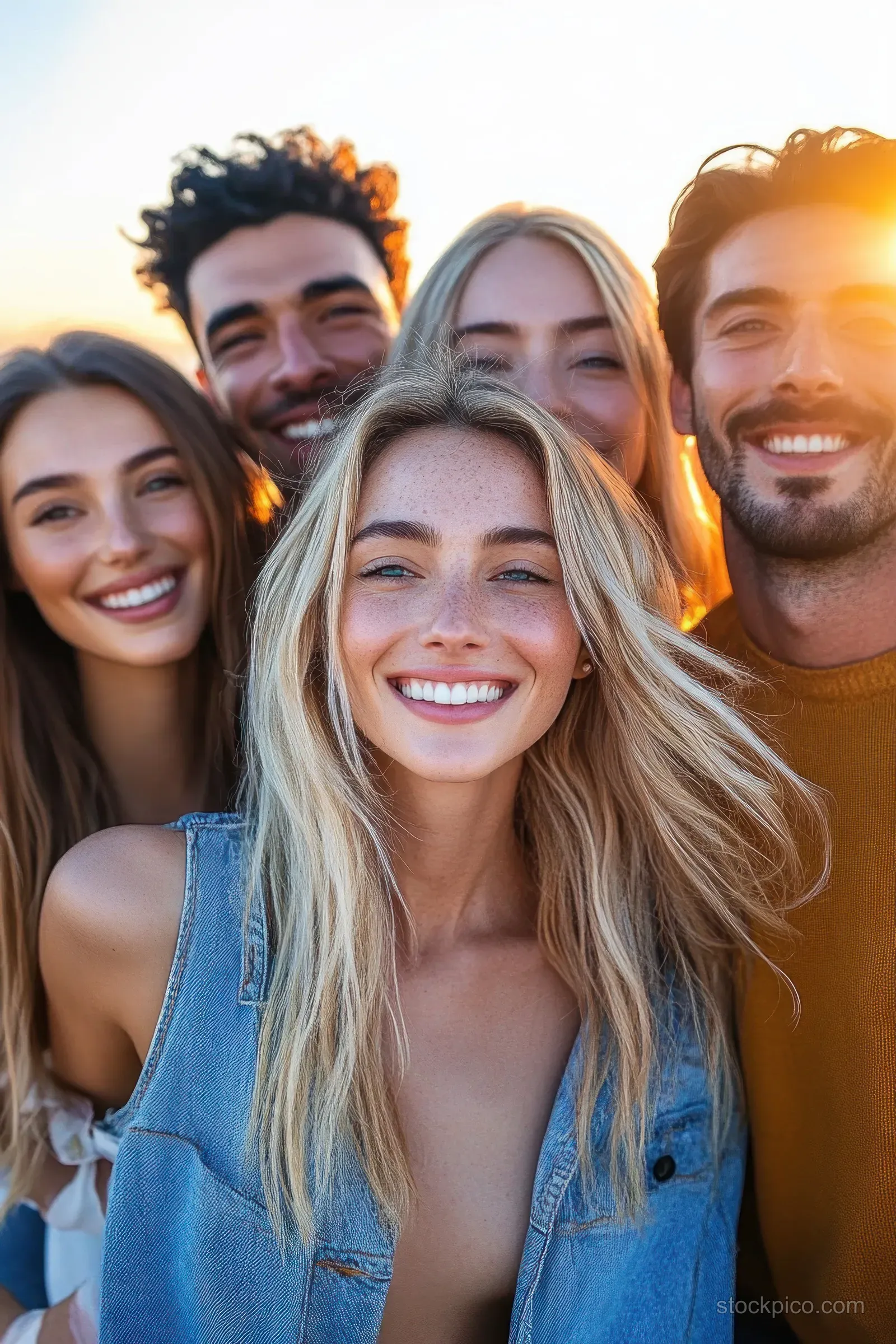 A group of friends stands together on a city street, smiling in warm sunset backlight.