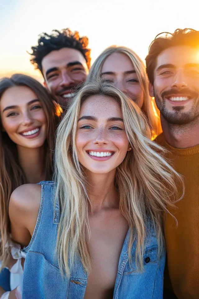 A group of friends stands together on a city street, smiling in warm sunset backlight.