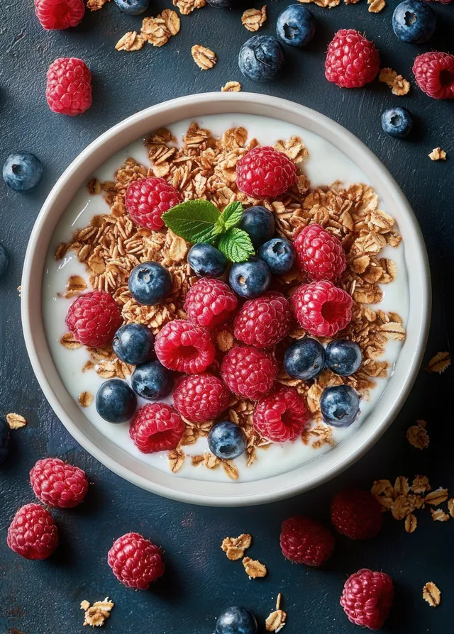 Creamy yogurt bowl topped with granola, raspberries, blueberries, and mint on dark scattered berries