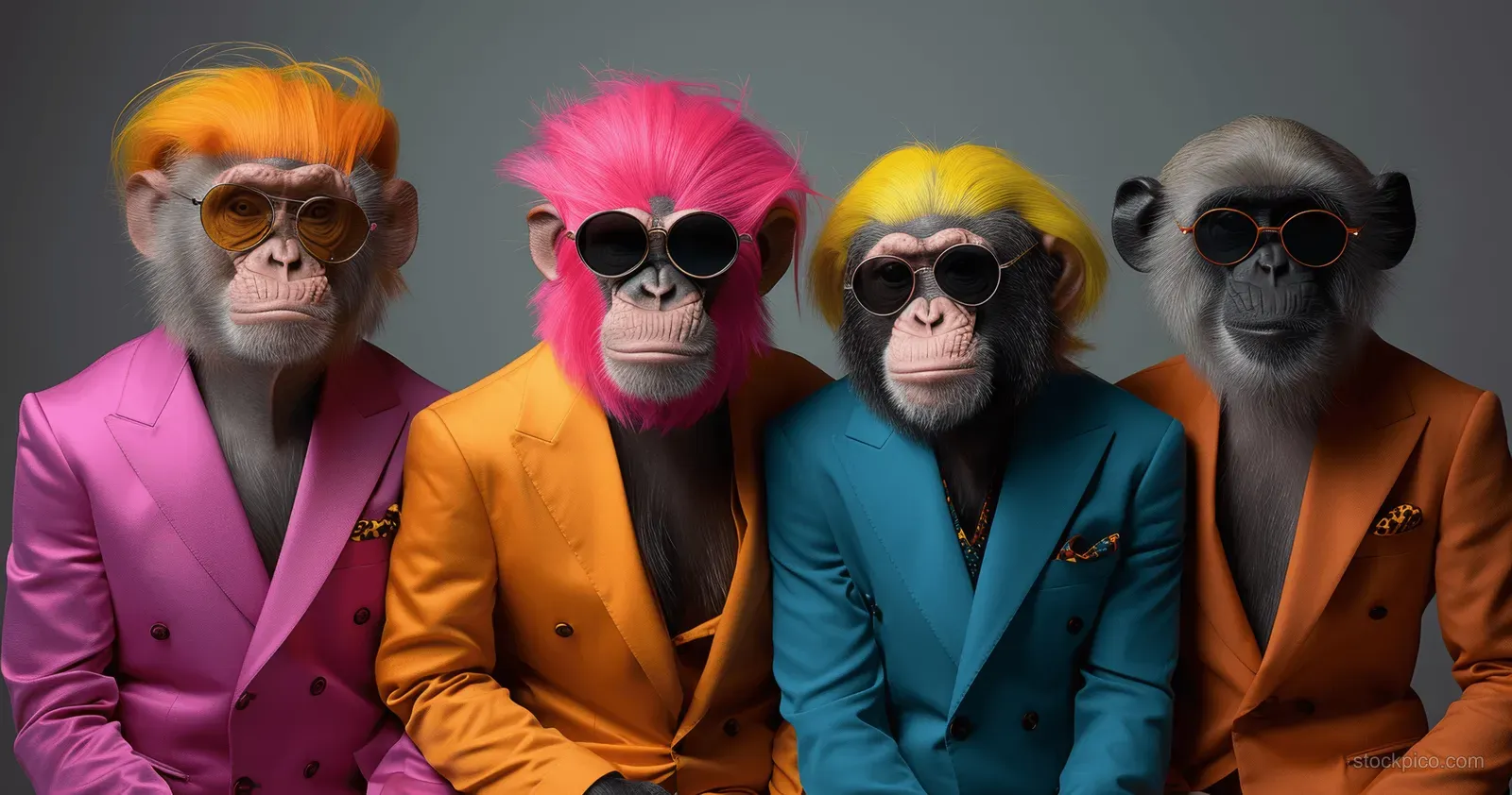 A group of apes in colorful suits and dark sunglasses is posed together on a gray studio background.