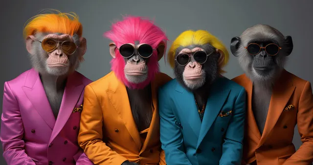 A group of apes in colorful suits and dark sunglasses is posed together on a gray studio background.